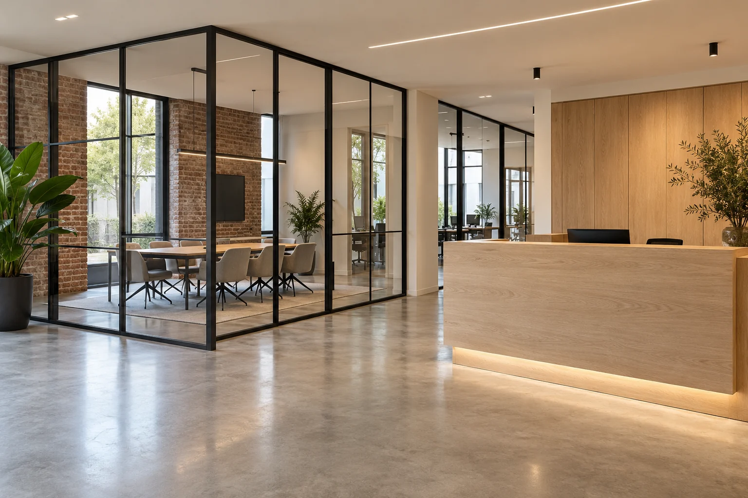 Moderne kantoorruimte met glazen vergaderzaal en houten onthaalbalie