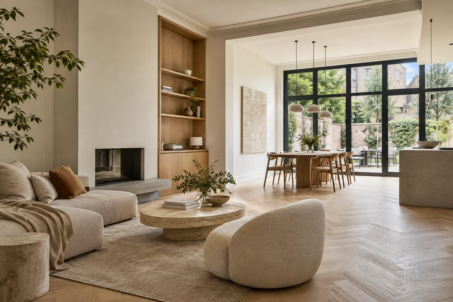 Lichte woonkamer met houten vloer en uitzicht op de tuin
