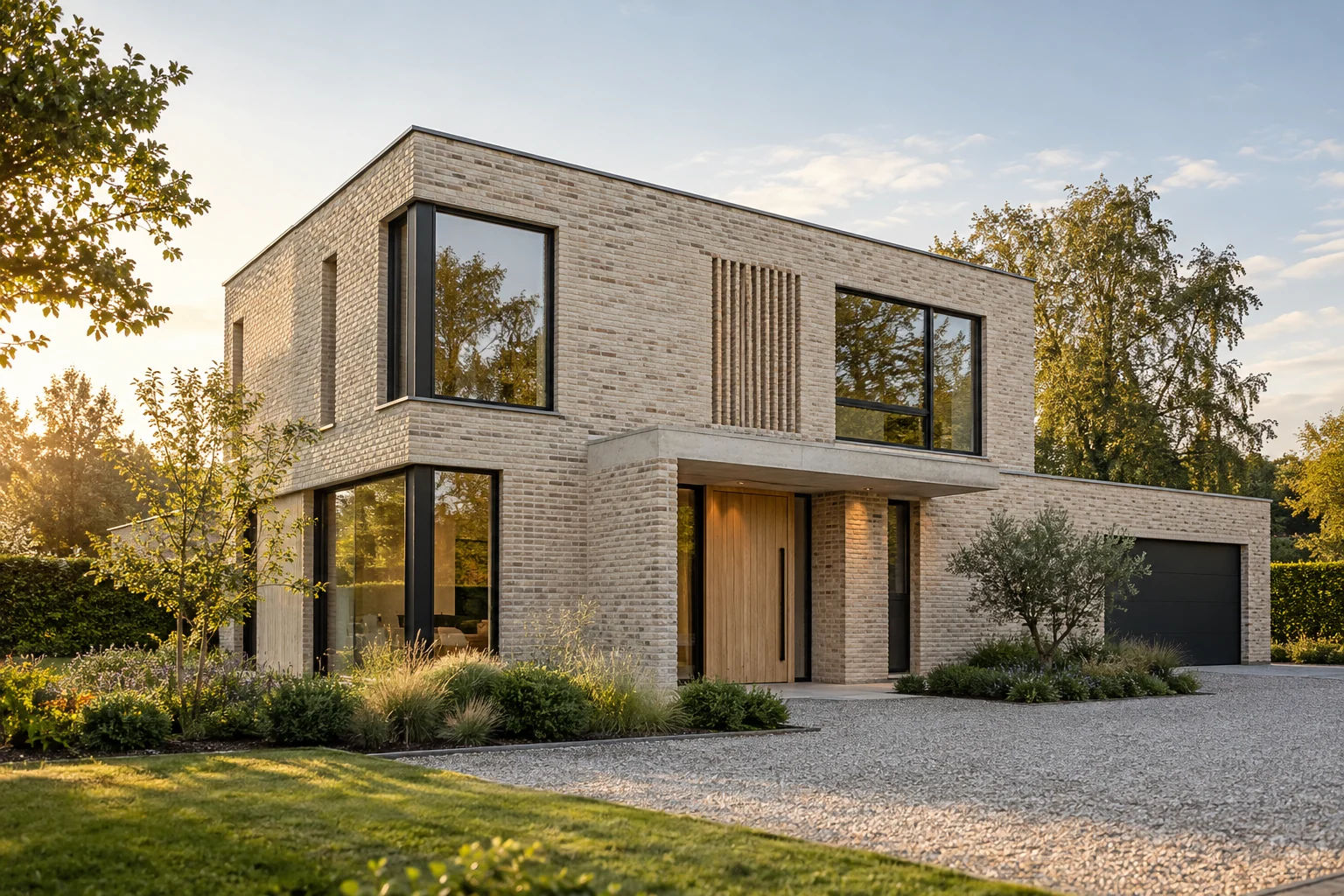 Moderne woning met lichte bakstenen en grote ramen